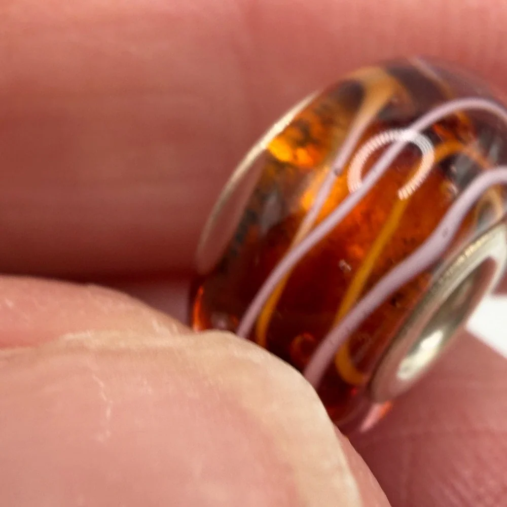 Chamilia 925‎ Sterling Silver Amber Murano Glass Swirl Stripe Charm Bead
